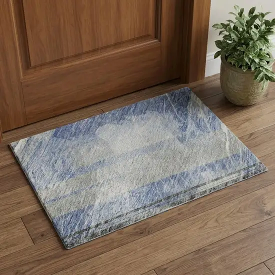 Sky Blue Gray And Silver Striped Washable Area Rug With UV Protection Photo 1
