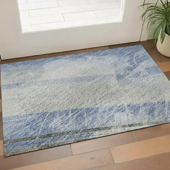 Sky Blue Gray And Silver Striped Washable Area Rug With UV Protection Photo 2