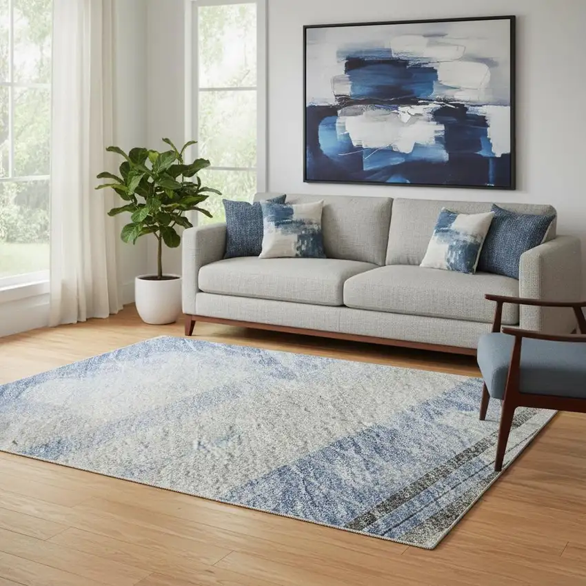 Sky Blue Gray And Silver Striped Washable Area Rug With UV Protection Photo 2