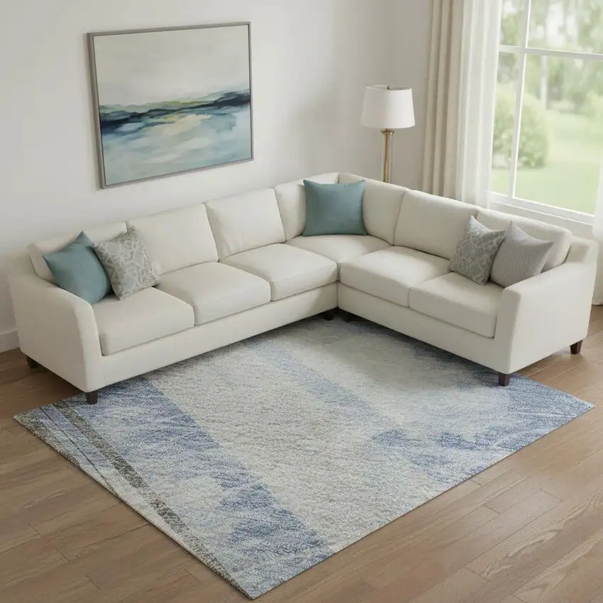 Sky Blue Gray And Silver Striped Washable Area Rug With UV Protection Photo 2