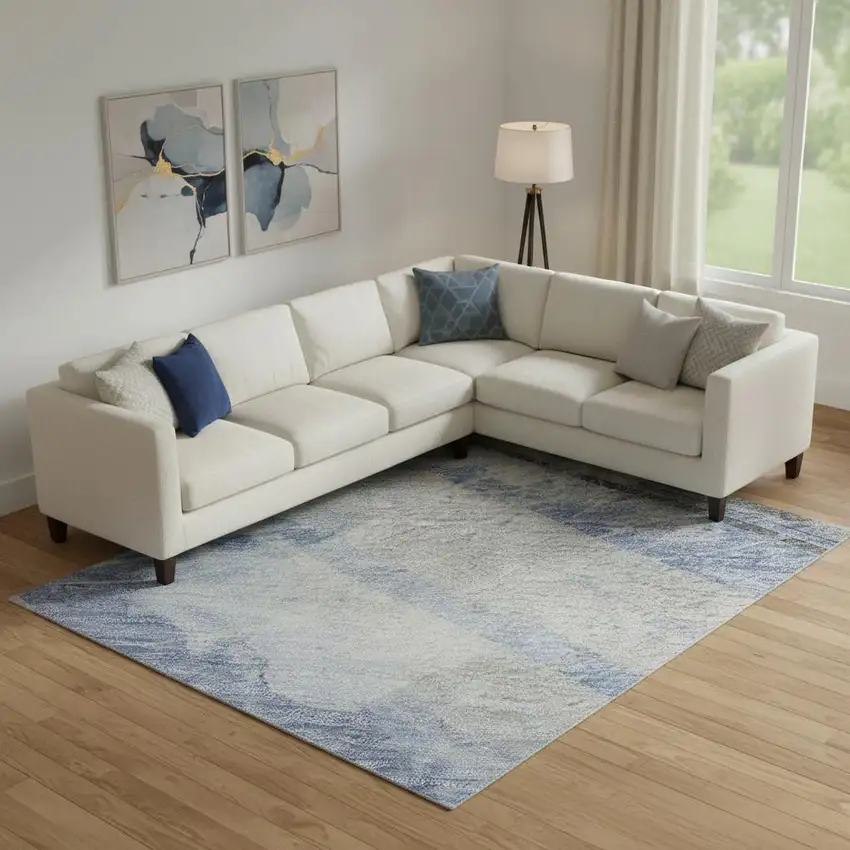 Sky Blue Gray And Silver Striped Washable Area Rug With UV Protection Photo 2