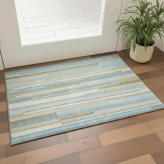 Sky Blue Gray And Taupe Striped Washable Area Rug With UV Protection Photo 2