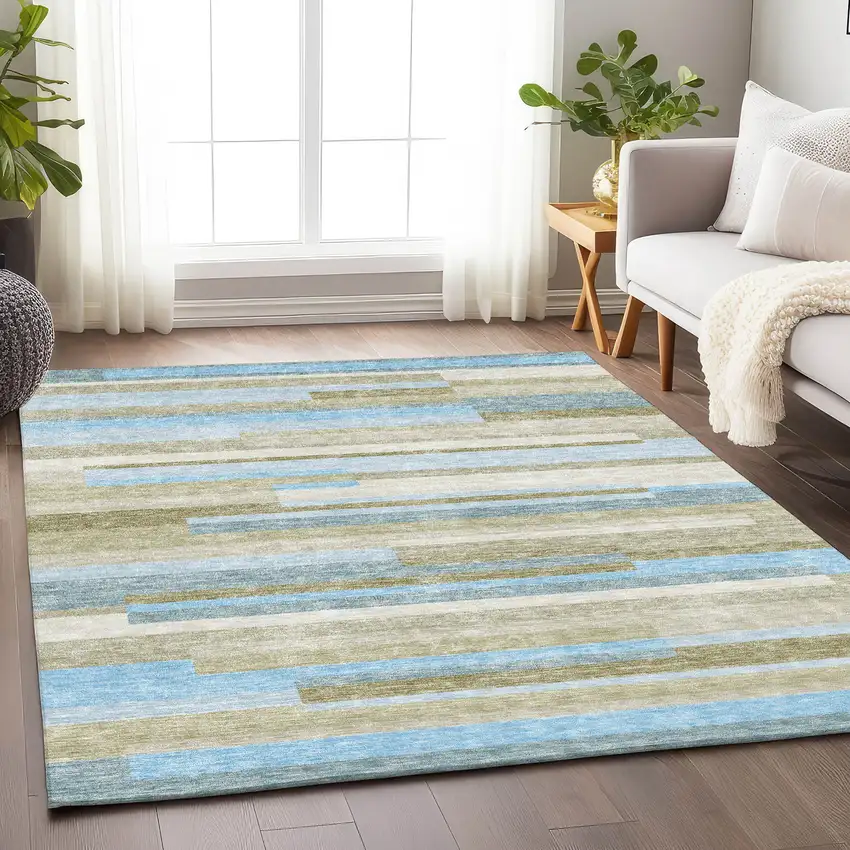 Sky Blue Gray And Taupe Striped Washable Area Rug With UV Protection Photo 5