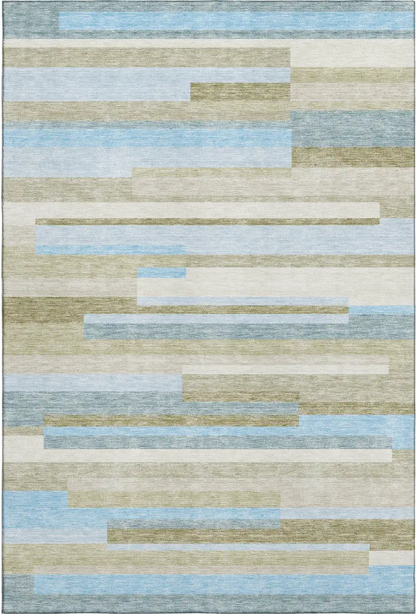Sky Blue Gray And Taupe Striped Washable Area Rug With UV Protection Photo 1