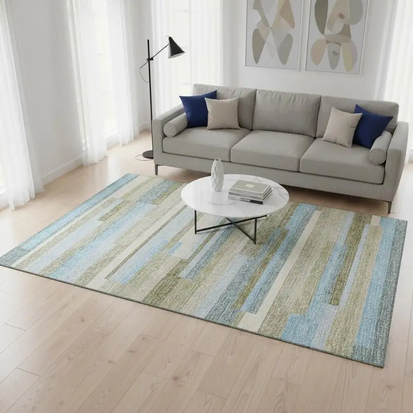 Sky Blue Gray And Taupe Striped Washable Area Rug With UV Protection Photo 2