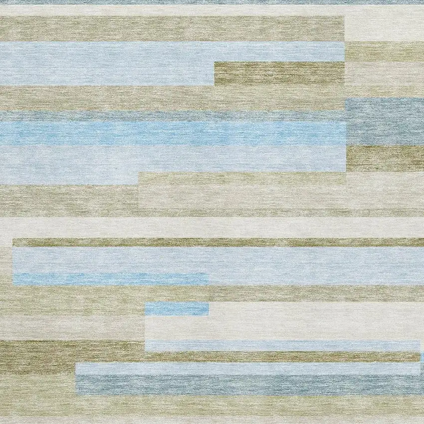 Sky Blue Gray And Taupe Striped Washable Area Rug With UV Protection Photo 3