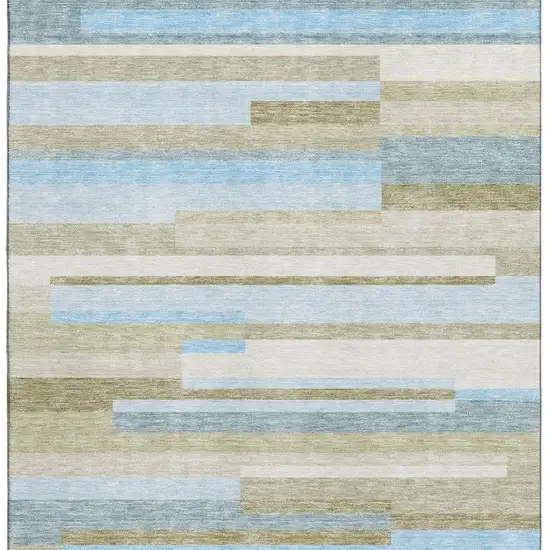Sky Blue Gray And Taupe Striped Washable Area Rug With UV Protection Photo 4