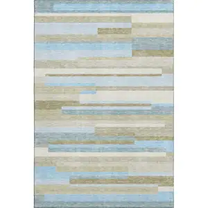 Photo of Sky Blue Gray And Taupe Striped Washable Area Rug With UV Protection