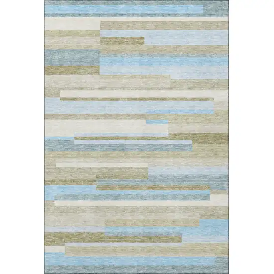 Sky Blue Gray And Taupe Striped Washable Area Rug With UV Protection Photo 4