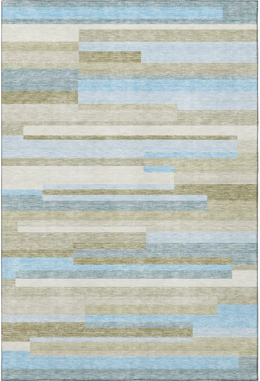 Sky Blue Gray And Taupe Striped Washable Area Rug With UV Protection Photo 4