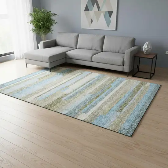 Sky Blue Gray And Taupe Striped Washable Area Rug With UV Protection Photo 2