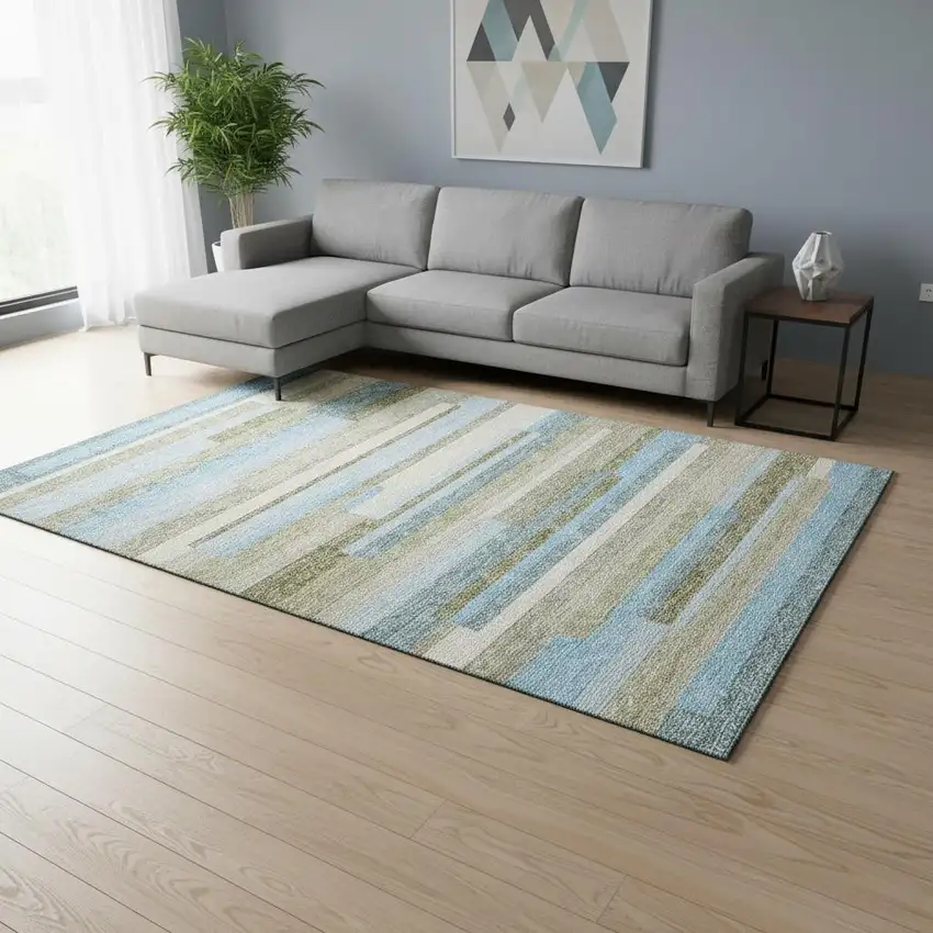 Sky Blue Gray And Taupe Striped Washable Area Rug With UV Protection Photo 2
