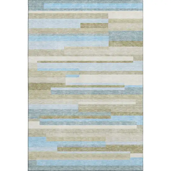 Sky Blue Gray And Taupe Striped Washable Area Rug With UV Protection Photo 1