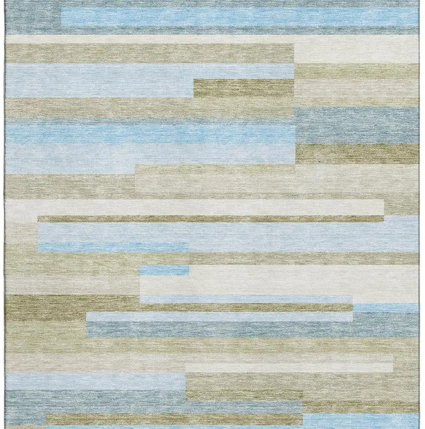 Sky Blue Gray And Taupe Striped Washable Area Rug With UV Protection Photo 4