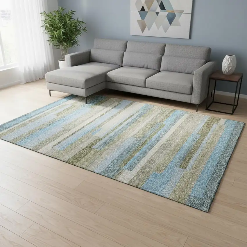 Sky Blue Gray And Taupe Striped Washable Area Rug With UV Protection Photo 2