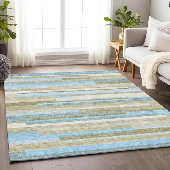 Sky Blue Gray And Taupe Striped Washable Area Rug With UV Protection Photo 5
