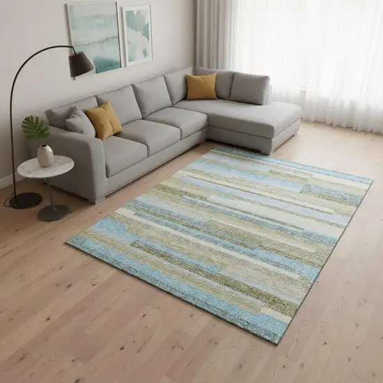 Sky Blue Gray And Taupe Striped Washable Area Rug With UV Protection Photo 2