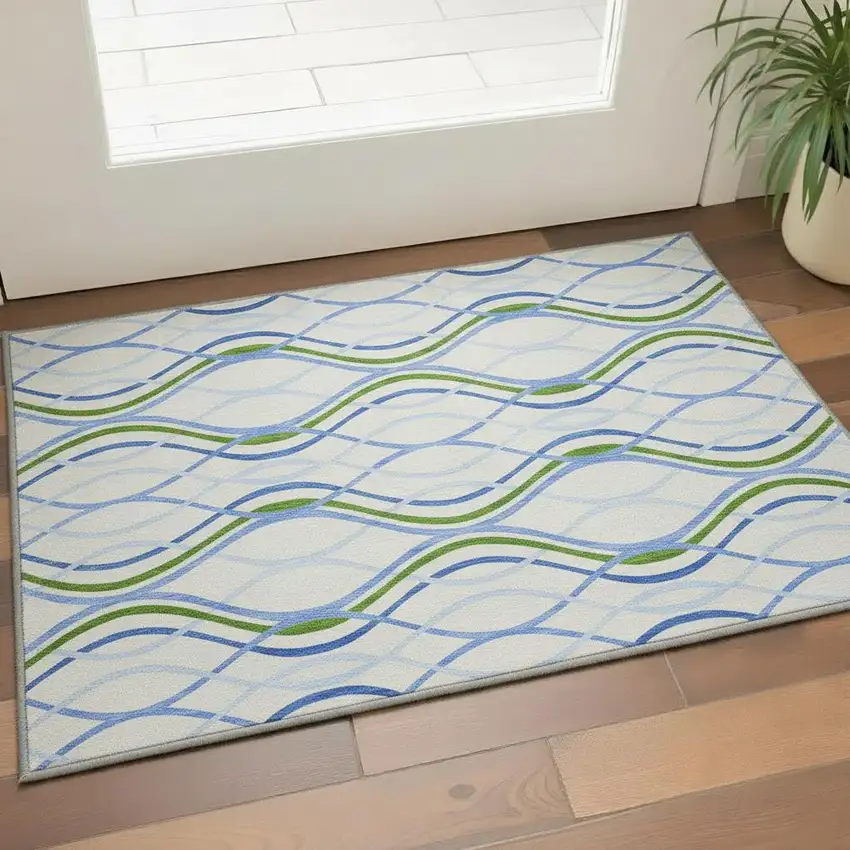 Sky Blue Green And Ivory Abstract Washable Area Rug With UV Protection Photo 2