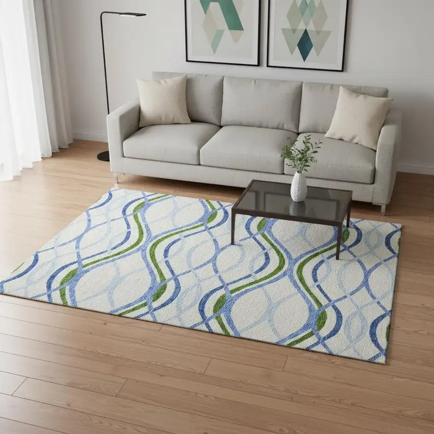 Sky Blue Green And Ivory Abstract Washable Area Rug With UV Protection Photo 2