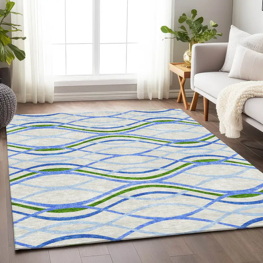 Sky Blue Green And Ivory Abstract Washable Area Rug With UV Protection Photo 5