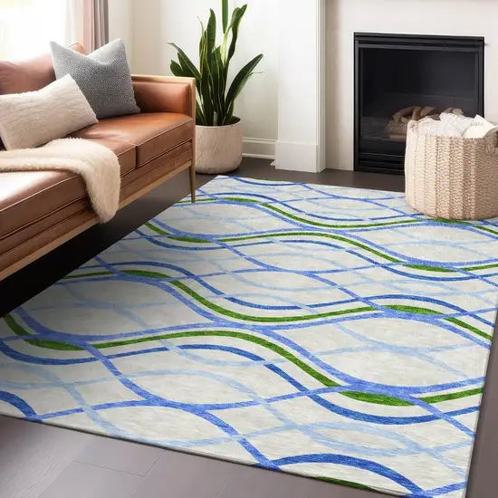 Sky Blue Green And Ivory Abstract Washable Area Rug With UV Protection Photo 6