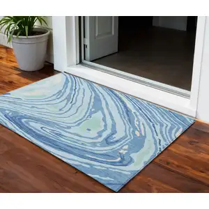 Photo of Sky Blue Green And Ivory Abstract Washable Indoor Outdoor Area Rug