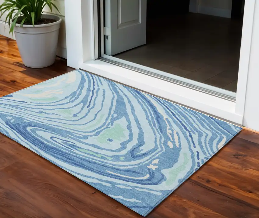 Sky Blue Green And Ivory Abstract Washable Indoor Outdoor Area Rug Photo 1