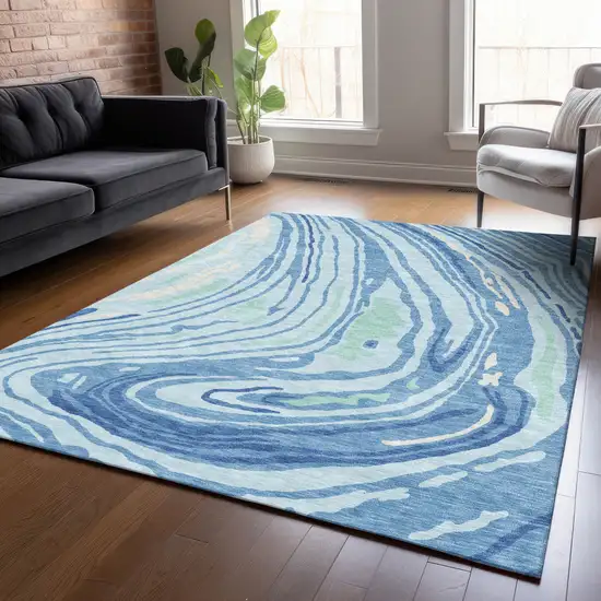 Sky Blue Green And Ivory Abstract Washable Indoor Outdoor Area Rug Photo 8