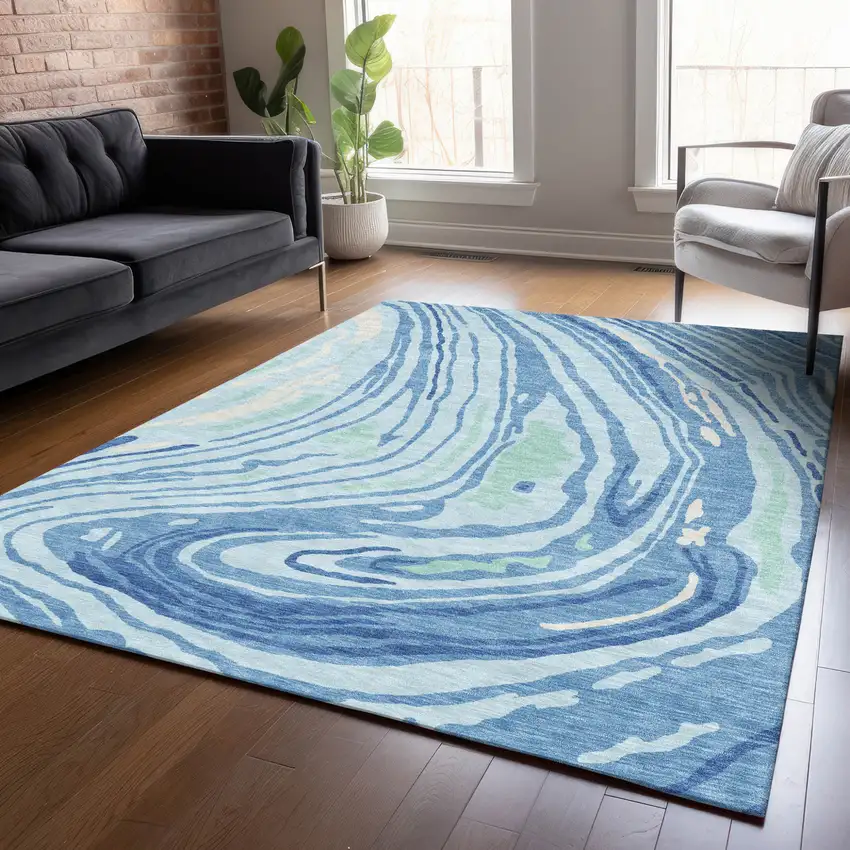 Sky Blue Green And Ivory Abstract Washable Indoor Outdoor Area Rug Photo 8