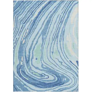 Photo of Sky Blue Green And Ivory Abstract Washable Indoor Outdoor Area Rug
