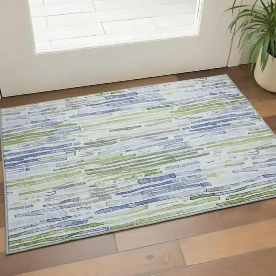 Sky Blue Green And Ivory Striped Washable Area Rug With UV Protection Photo 2
