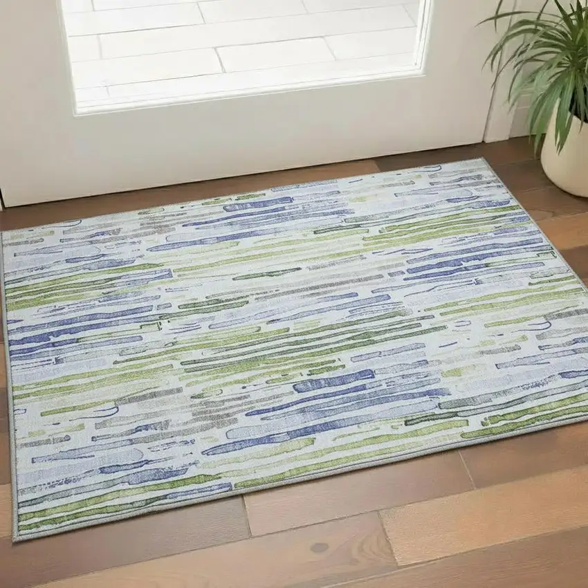 Sky Blue Green And Ivory Striped Washable Area Rug With UV Protection Photo 2