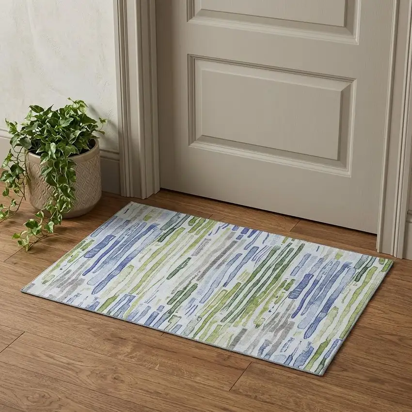 Sky Blue Green And Ivory Striped Washable Area Rug With UV Protection Photo 1