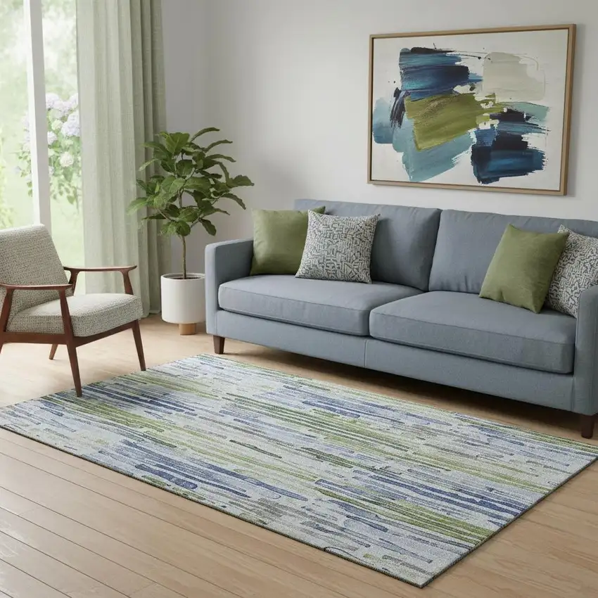 Sky Blue Green And Ivory Striped Washable Area Rug With UV Protection Photo 1