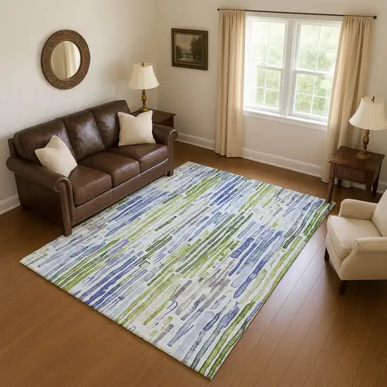 Sky Blue Green And Ivory Striped Washable Area Rug With UV Protection Photo 4