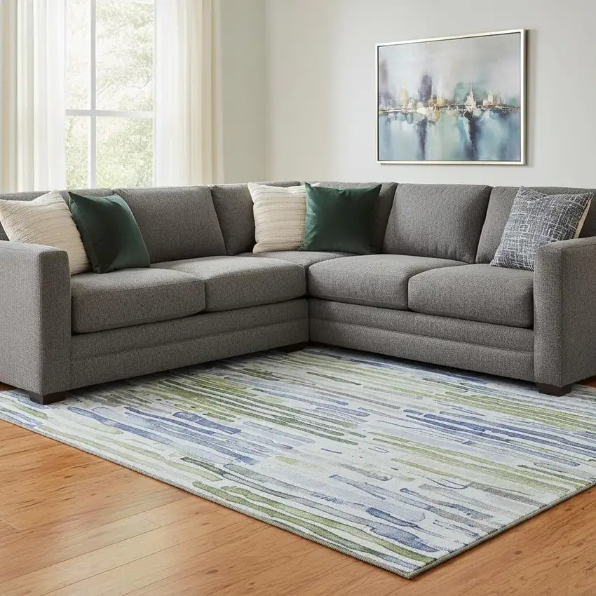 Sky Blue Green And Ivory Striped Washable Area Rug With UV Protection Photo 2