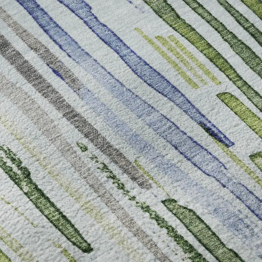 Sky Blue Green And Ivory Striped Washable Area Rug With UV Protection Photo 9