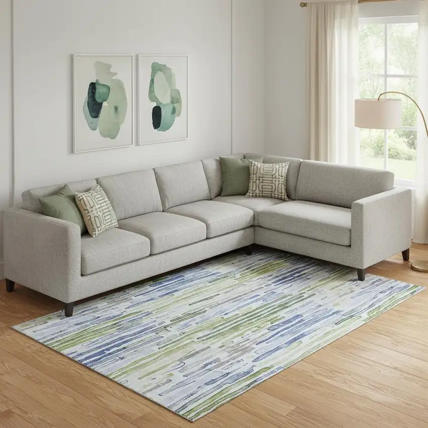 Sky Blue Green And Ivory Striped Washable Area Rug With UV Protection Photo 2