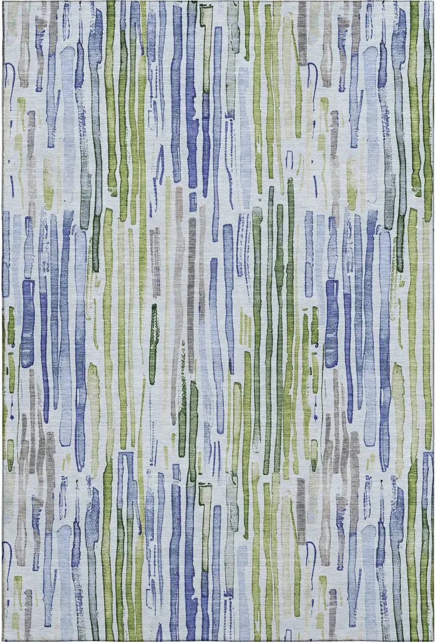 Sky Blue Green And Ivory Striped Washable Area Rug With UV Protection Photo 1