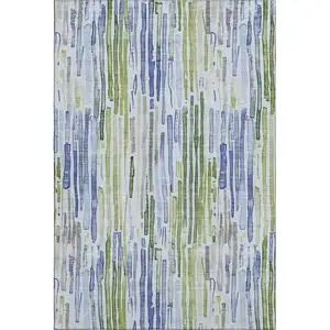 Photo of Sky Blue Green And Ivory Striped Washable Area Rug With UV Protection