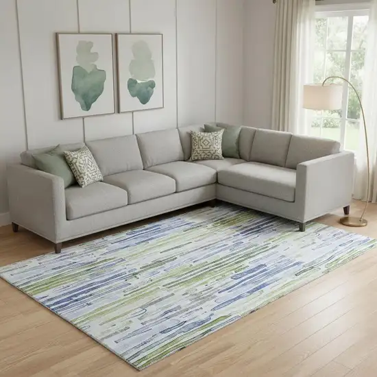 Sky Blue Green And Ivory Striped Washable Area Rug With UV Protection Photo 2
