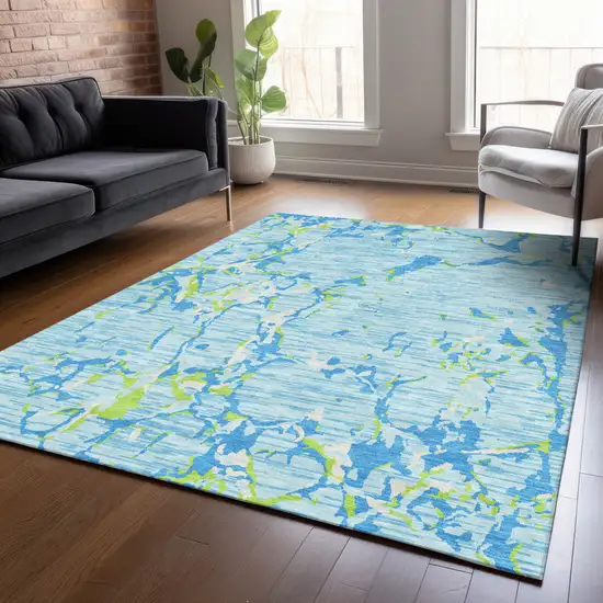 Sky Blue Green And Ivory Striped Washable Indoor Outdoor Area Rug Photo 9