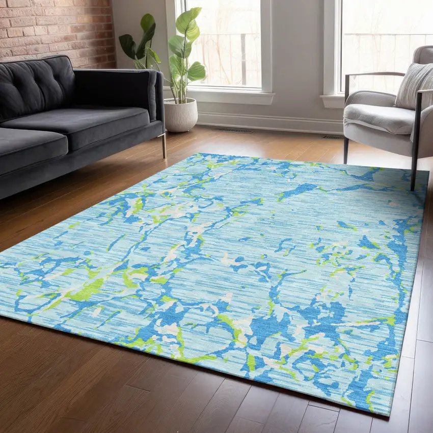 Sky Blue Green And Ivory Striped Washable Indoor Outdoor Area Rug Photo 9