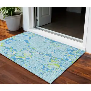 Photo of Sky Blue Green And Ivory Striped Washable Indoor Outdoor Area Rug