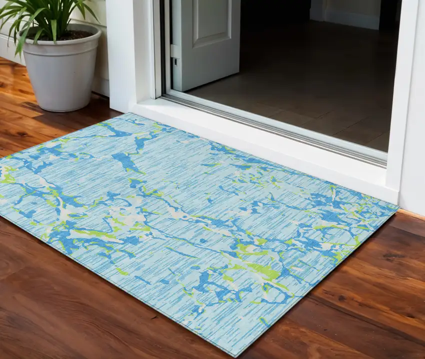 Sky Blue Green And Ivory Striped Washable Indoor Outdoor Area Rug Photo 1