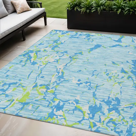 Sky Blue Green And Ivory Striped Washable Indoor Outdoor Area Rug Photo 1