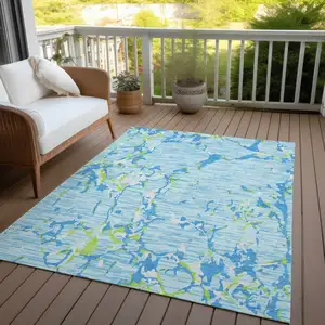 Photo of Sky Blue Green And Ivory Striped Washable Indoor Outdoor Area Rug