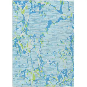 Photo of Sky Blue Green And Ivory Striped Washable Indoor Outdoor Area Rug