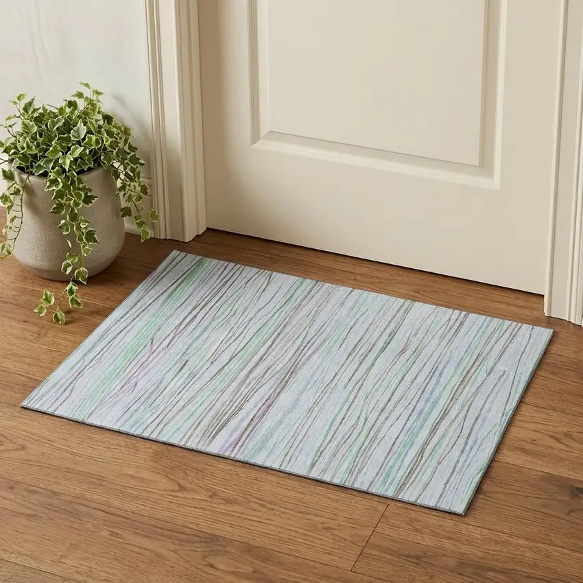 Sky Blue Green And Purple Striped Washable Area Rug With UV Protection Photo 1