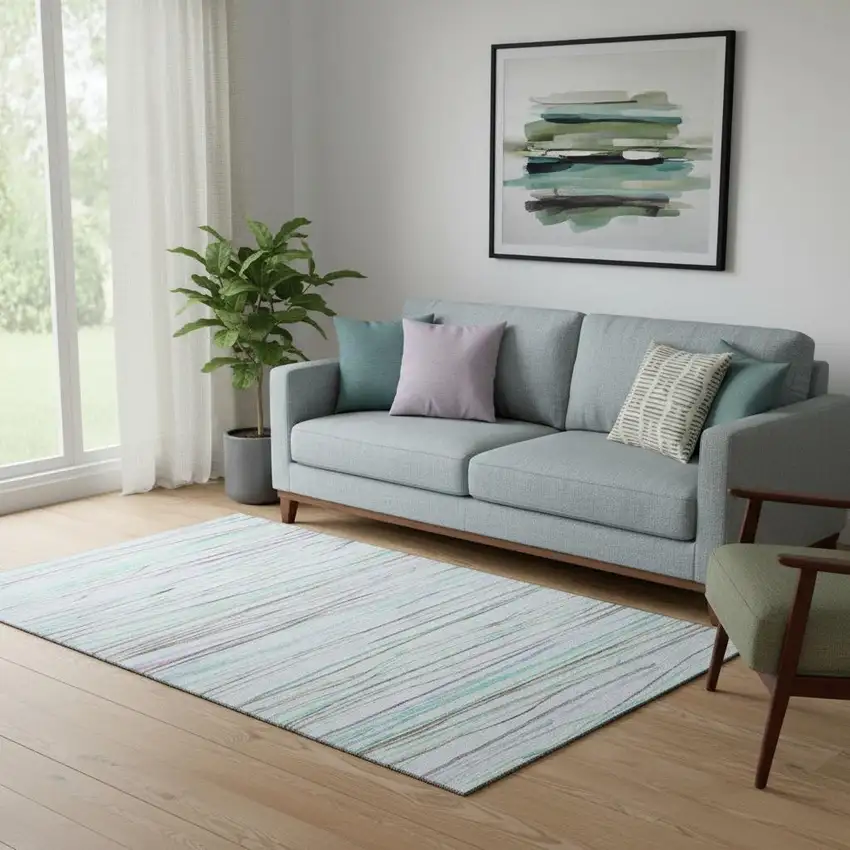 Sky Blue Green And Purple Striped Washable Area Rug With UV Protection Photo 2